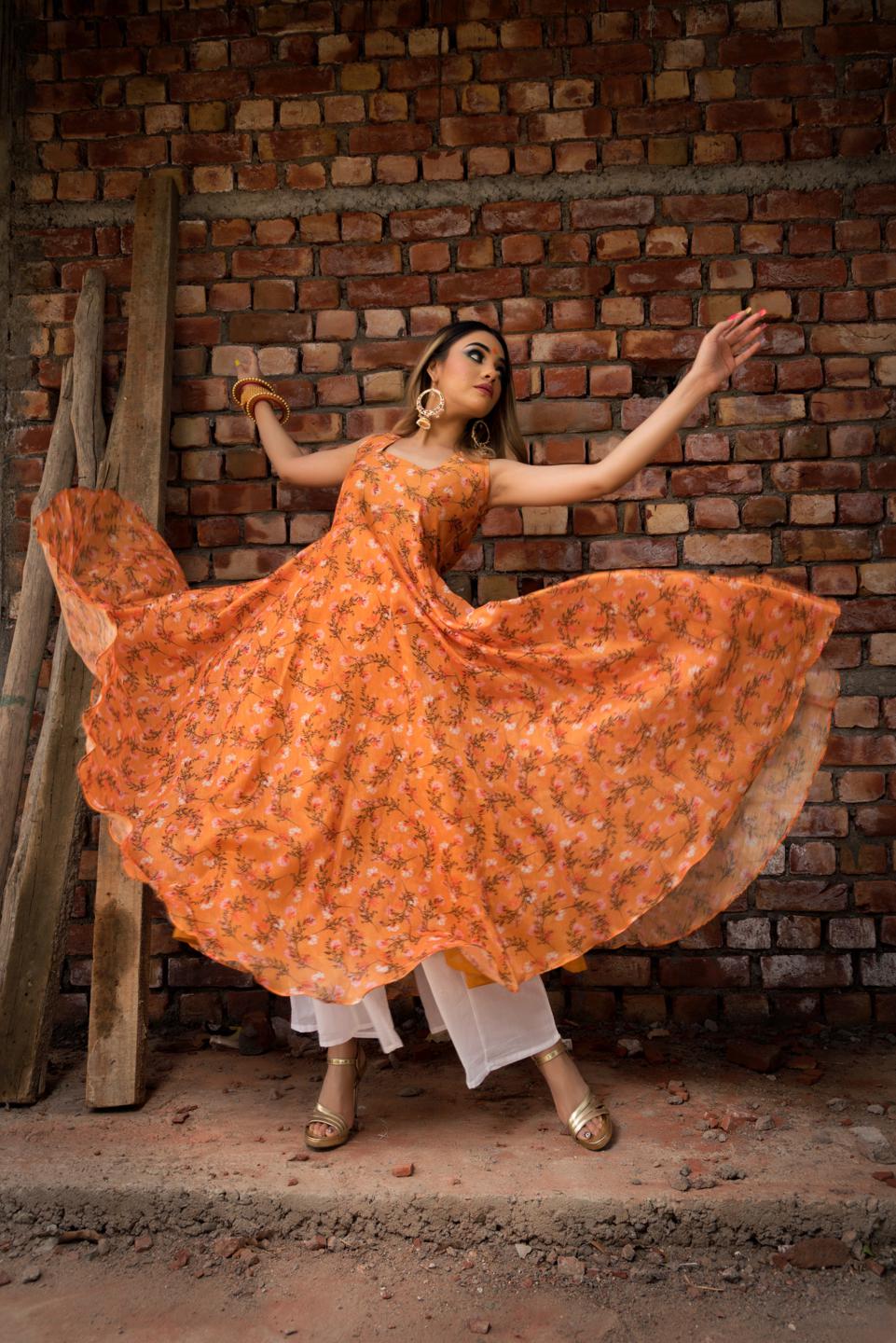 orange-printed-modal-anrakali-set-11403144OR, Women Indian Ethnic Clothing, Cotton Kurta Set Dupatta