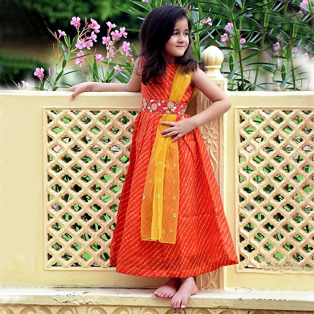 orange-sleeveless-stripes-with-floral-applique-gowns-10516061OR, Kids Clothing, Blended,Cotton,Net Girl Gown Dupatta