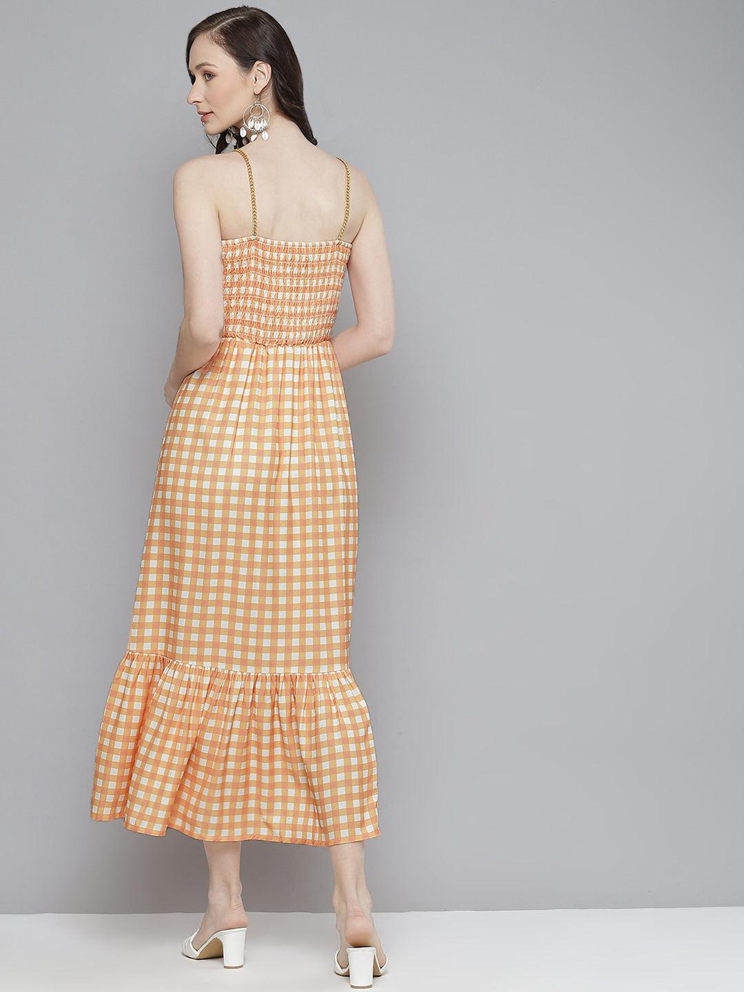 orange-white-check-strappy-maxi-10704004OR, Women Clothing, Poly Moss Dress