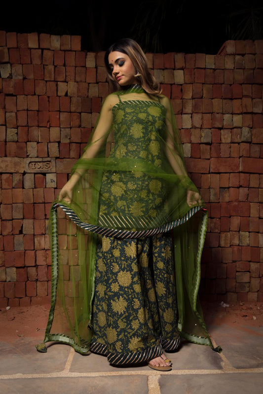 orchid-green-hand-block-pure-cotton-suit-set-11403094GR, Women Indian Ethnic Clothing, Cotton Kurta Set Dupatta