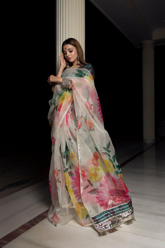 organza-silk-off-white-saree-with-taffeta-green-blouse-11422086WH, Women Indian Ethnic Clothing, Organza Saree