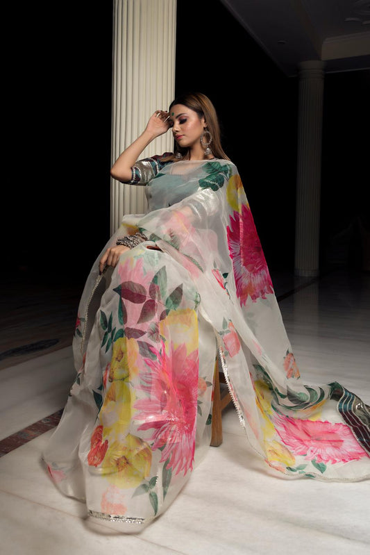 organza-silk-off-white-saree-with-taffeta-green-blouse-11422086WH, Women Indian Ethnic Clothing, Organza Saree