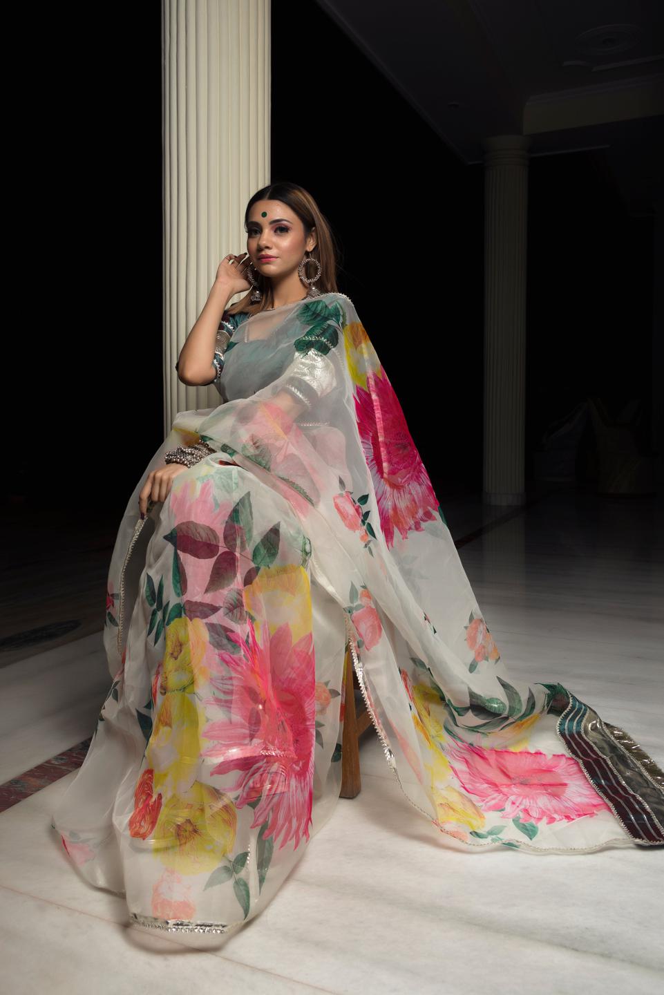 organza-silk-off-white-saree-with-taffeta-green-blouse-11422086WH, Women Indian Ethnic Clothing, Organza Saree