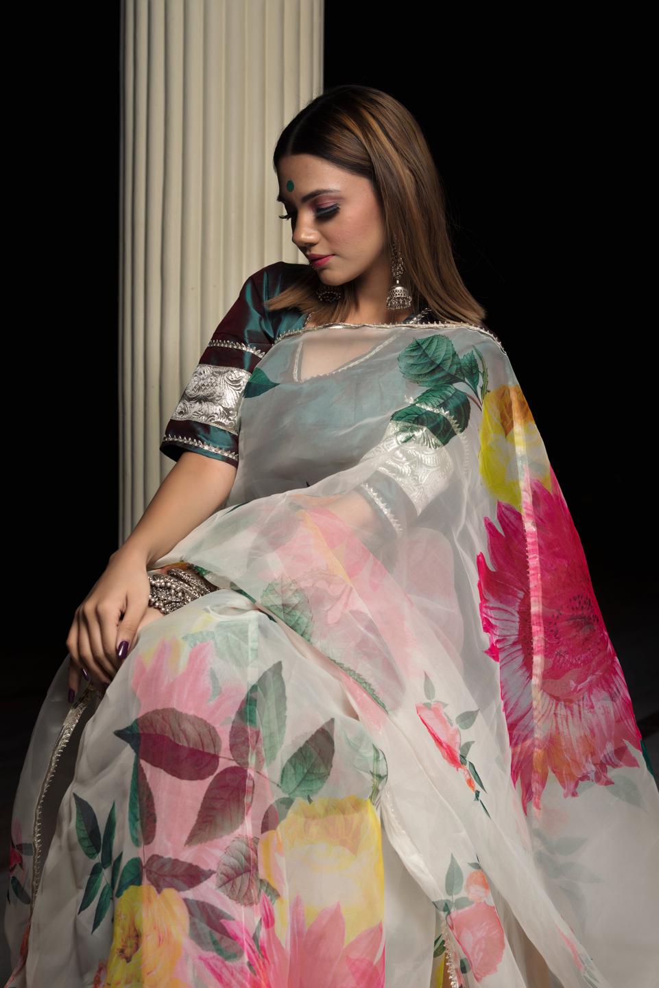 organza-silk-off-white-saree-with-taffeta-green-blouse-11422086WH, Women Indian Ethnic Clothing, Organza Saree