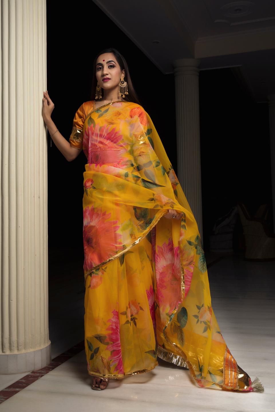 organza-silk-yellow-saree-11422085YL, Women Indian Ethnic Clothing, Organza Saree