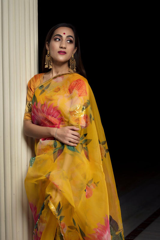 organza-silk-yellow-saree-11422085YL, Women Indian Ethnic Clothing, Organza Saree