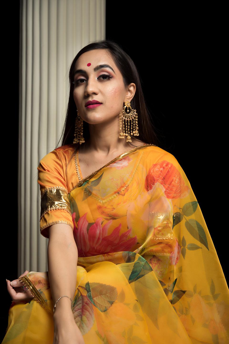 organza-silk-yellow-saree-11422085YL, Women Indian Ethnic Clothing, Organza Saree
