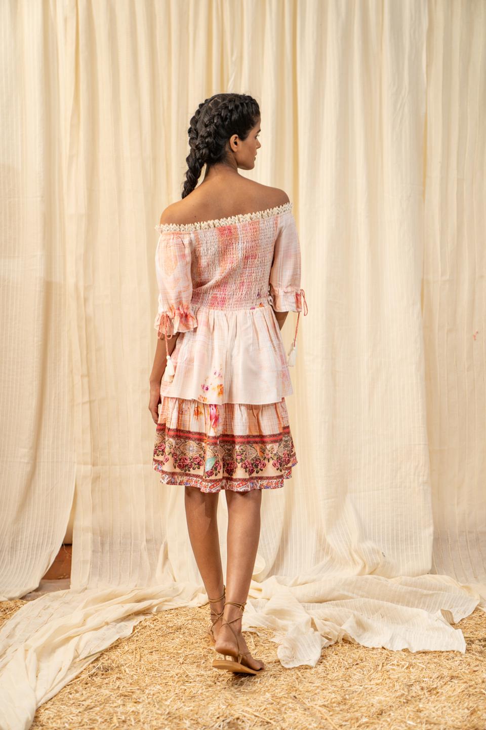oriental-smocked-peach-dress-11804004PC, Women Clothing, Rayon Dress