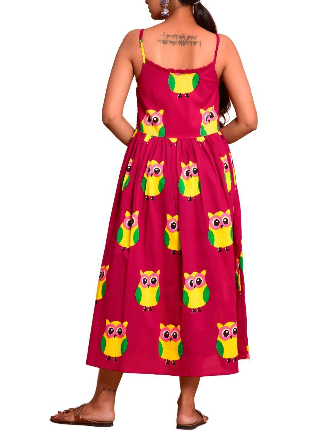 owl-print-sleeveless-dress-10904012RD, Women Clothing, Cotton Dress, Cotton Owl Print Hem Shoulder Straps Sleeveless Dress