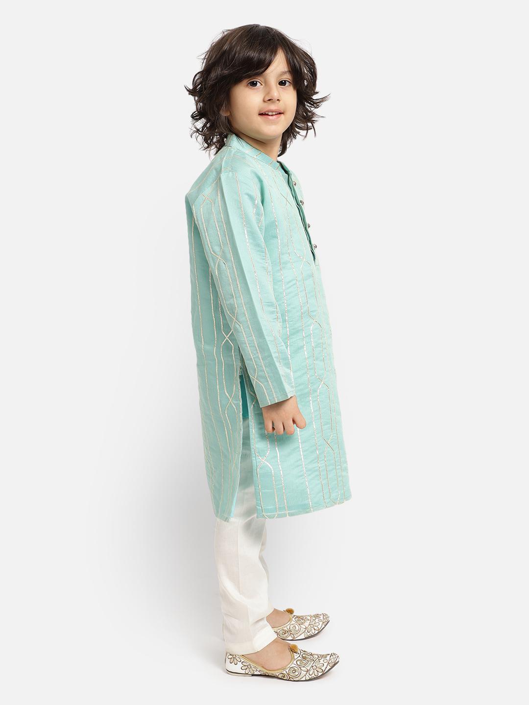 pale-green-kurta-with-gota-grace-and-cream-pajama-set-10520071GR, Indian Kids Clothing, Satin Boy Kurta Pajama Set