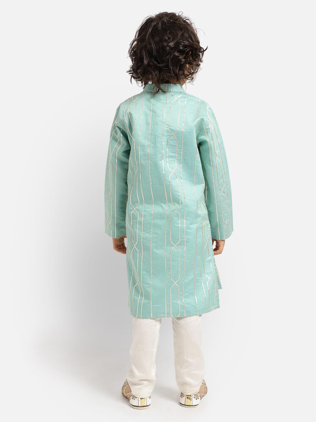pale-green-kurta-with-gota-grace-and-cream-pajama-set-10520071GR, Indian Kids Clothing, Satin Boy Kurta Pajama Set
