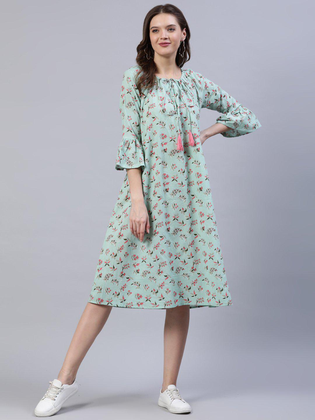 pastel-green-printed-dress-10804002GR, Women Clothing, Cotton Dress