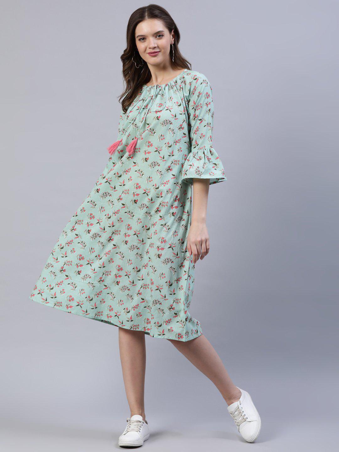 pastel-green-printed-dress-10804002GR, Women Clothing, Cotton Dress