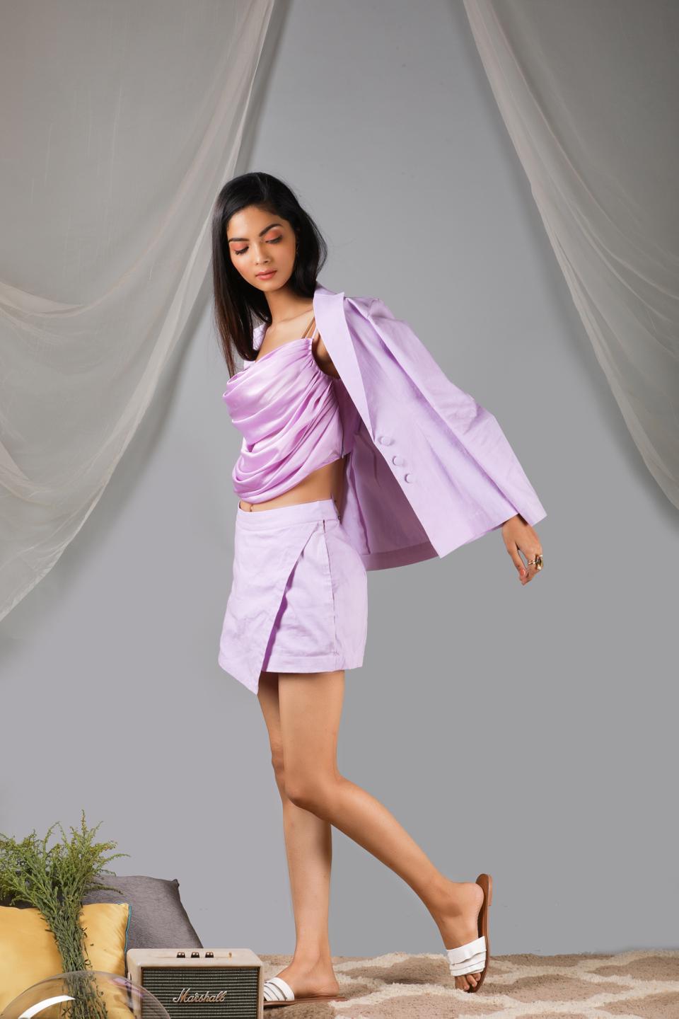 pastel-lilac-cowl-blouse-with-blazer-skort-11740082PR, Women Clothing, Cotton Matching Set