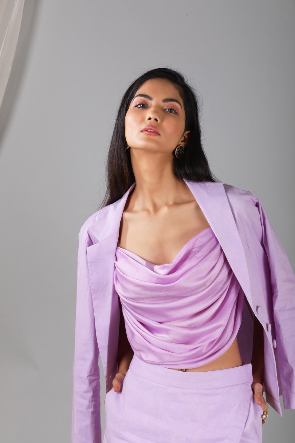 pastel-lilac-cowl-blouse-with-blazer-skort-11740082PR, Women Clothing, Cotton Matching Set