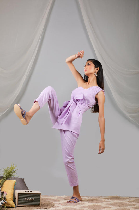 pastel-lilac-onne-shoulder-waist-tie-up-jumpsuit-11724084PR, Women Clothing, Cotton Jumpsuit
