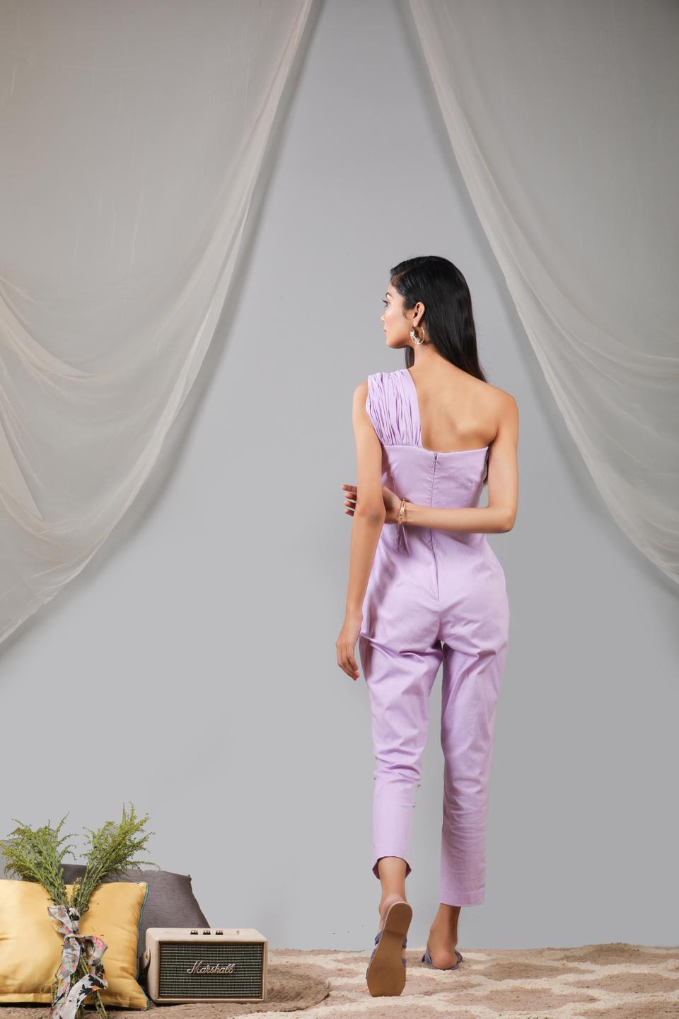 pastel-lilac-onne-shoulder-waist-tie-up-jumpsuit-11724084PR, Women Clothing, Cotton Jumpsuit