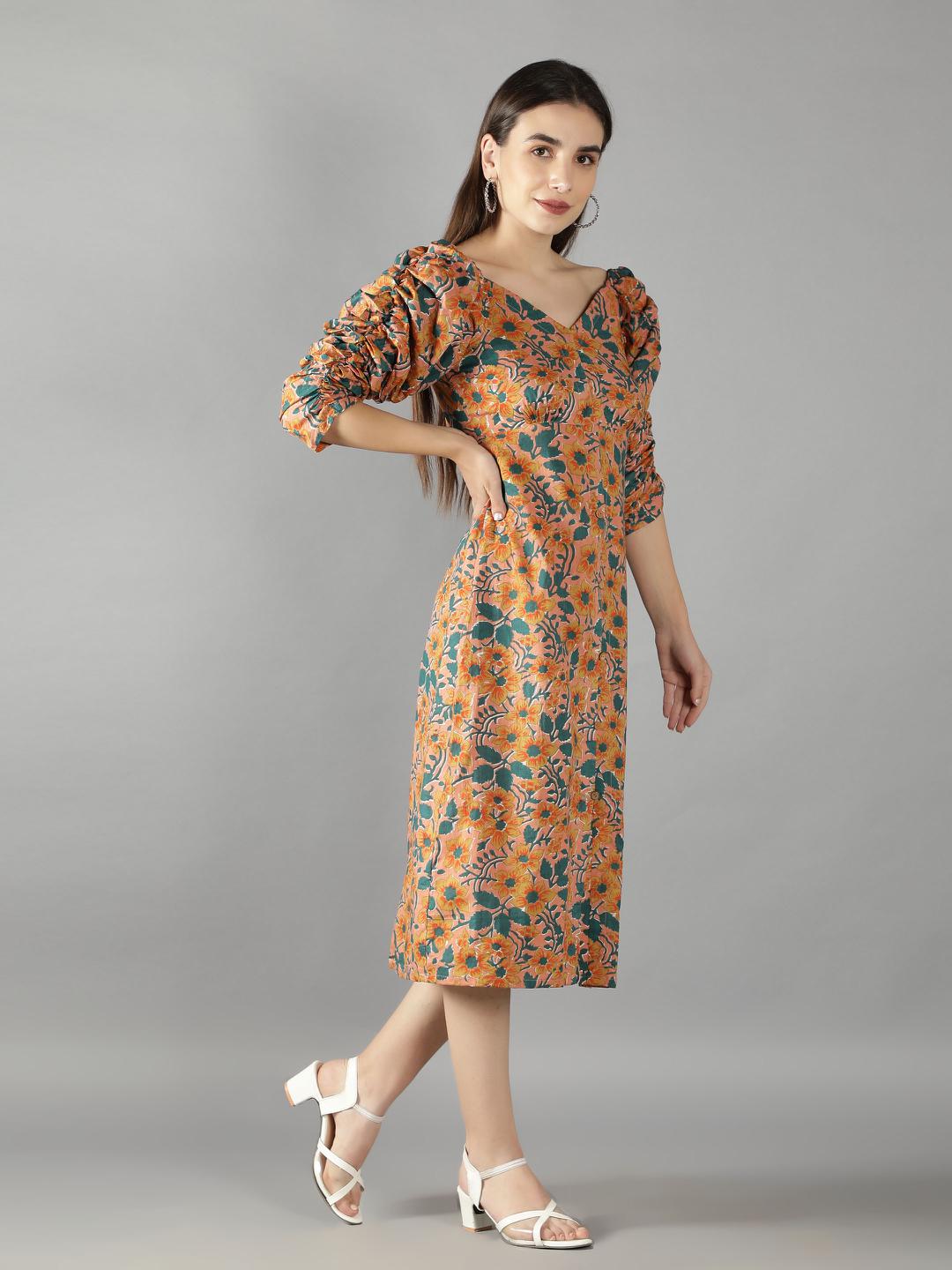 peach-cobbler-long-voluminous-sleeves-dress-11704107OR, Women Clothing, Cotton Dress