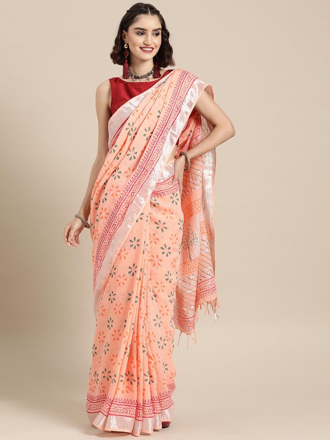 peach-colored-green-ethnic-motifs-zari-saree-10122070PC, Women Indian Ethnic Clothing, Cotton Saree