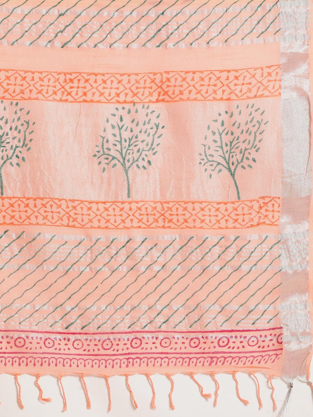 peach-colored-green-ethnic-motifs-zari-saree-10122070PC, Women Indian Ethnic Clothing, Cotton Saree
