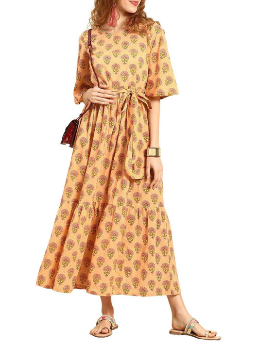 peach-colored-printed-fit-and-flare-dress-10804001PC, Women Clothing, Cotton Dress