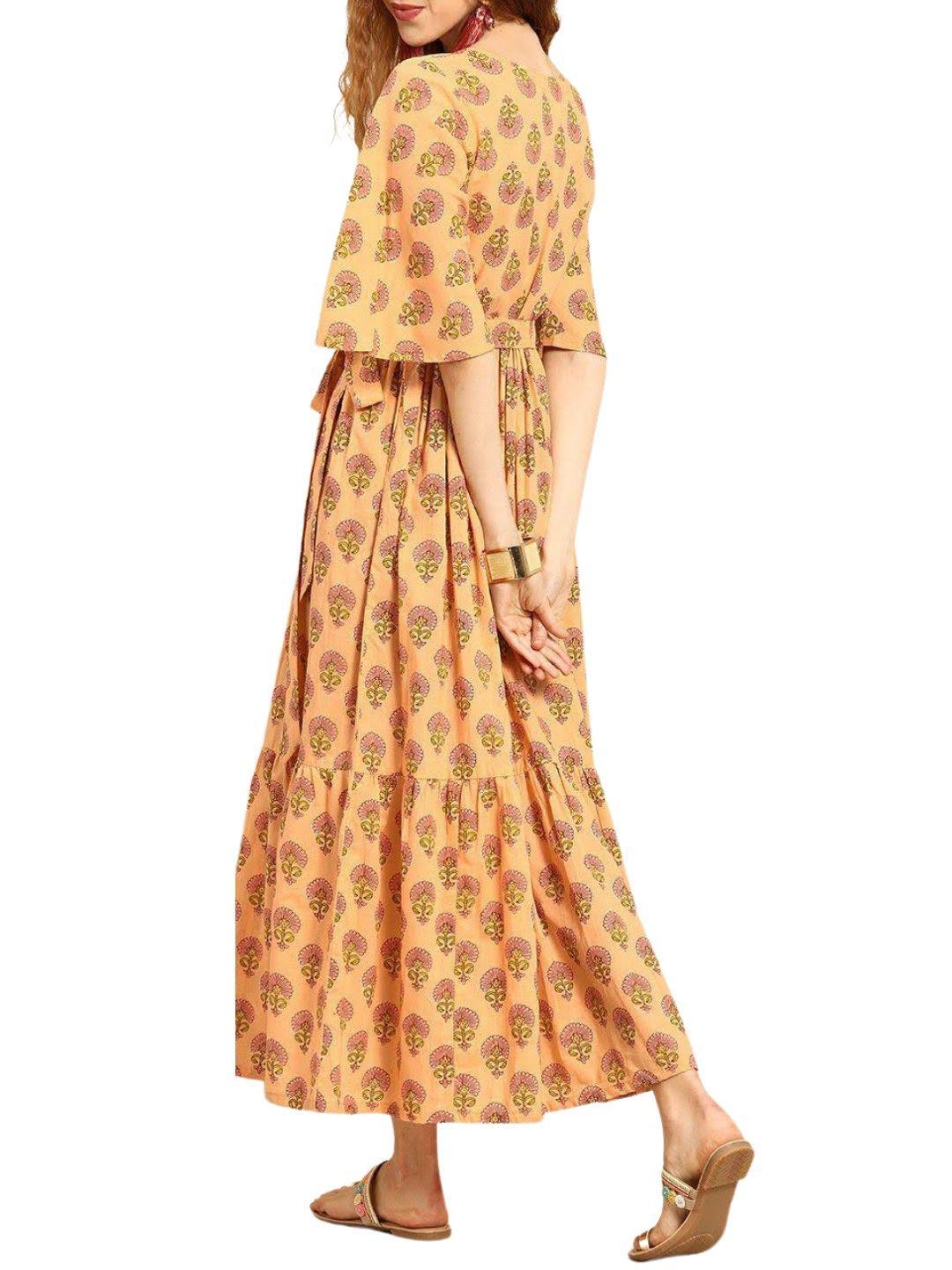 peach-colored-printed-fit-and-flare-dress-10804001PC, Women Clothing, Cotton Dress