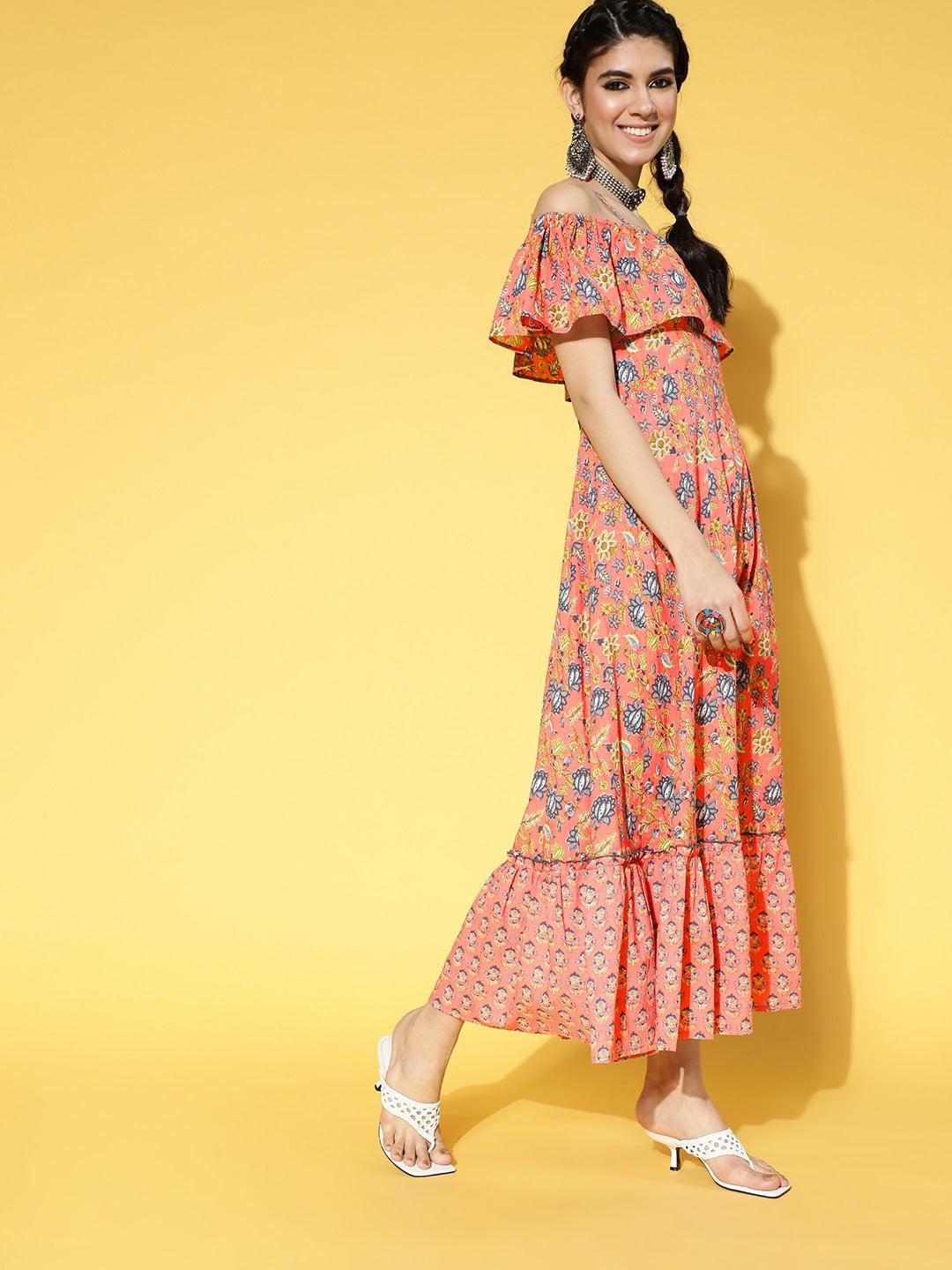 peach-coloured-blue-floral-printed-dress-10104075PC, Women Clothing, Cotton Dress