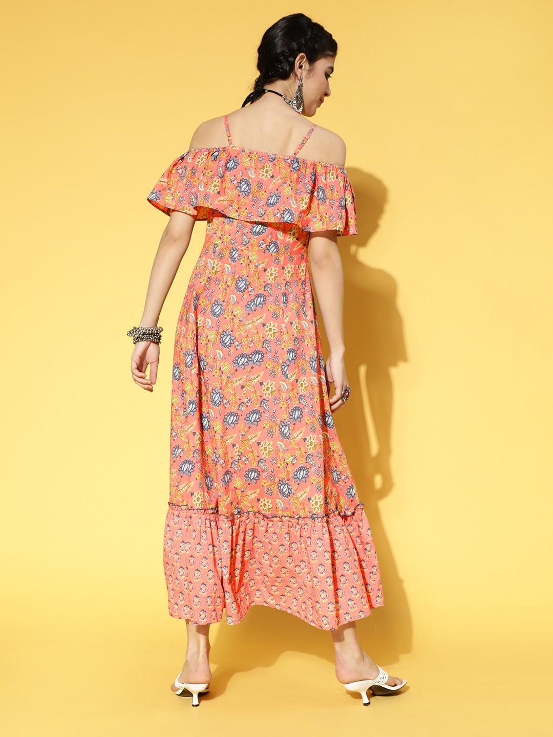 peach-coloured-blue-floral-printed-dress-10104075PC, Women Clothing, Cotton Dress