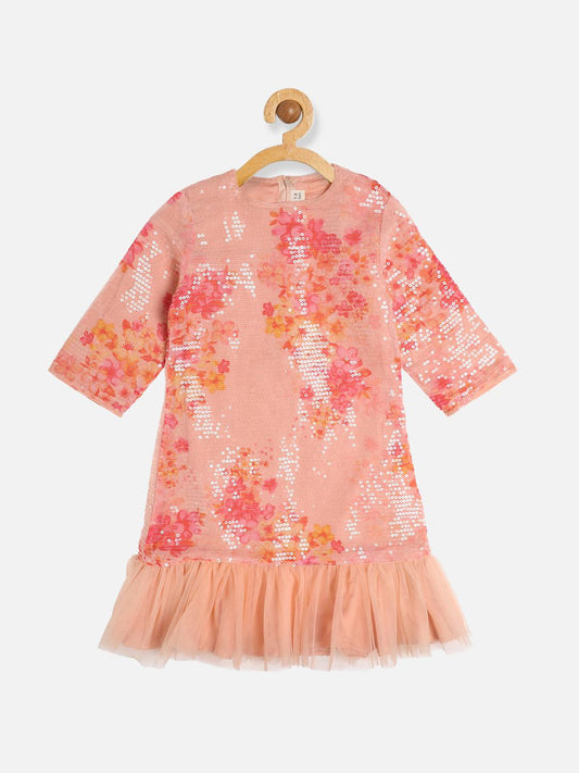 peach-embelished-floral-dress-10510101PC, Kids Clothing, Georgette Girl Dress