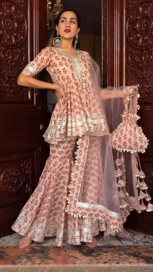 peach-hand-block-cotton-sharara-set-11403127PC, Women Indian Ethnic Clothing, Cotton Kurta Set Dupatta