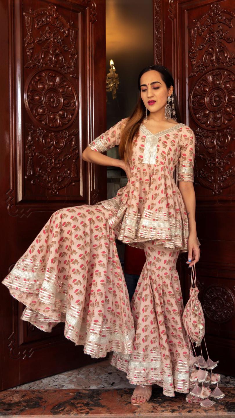 peach-hand-block-cotton-sharara-set-11403127PC, Women Indian Ethnic Clothing, Cotton Kurta Set Dupatta