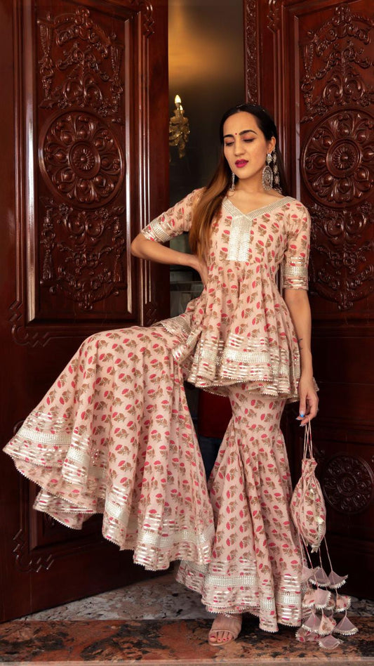 peach-hand-block-cotton-sharara-set-11403127PC, Women Indian Ethnic Clothing, Cotton Kurta Set Dupatta