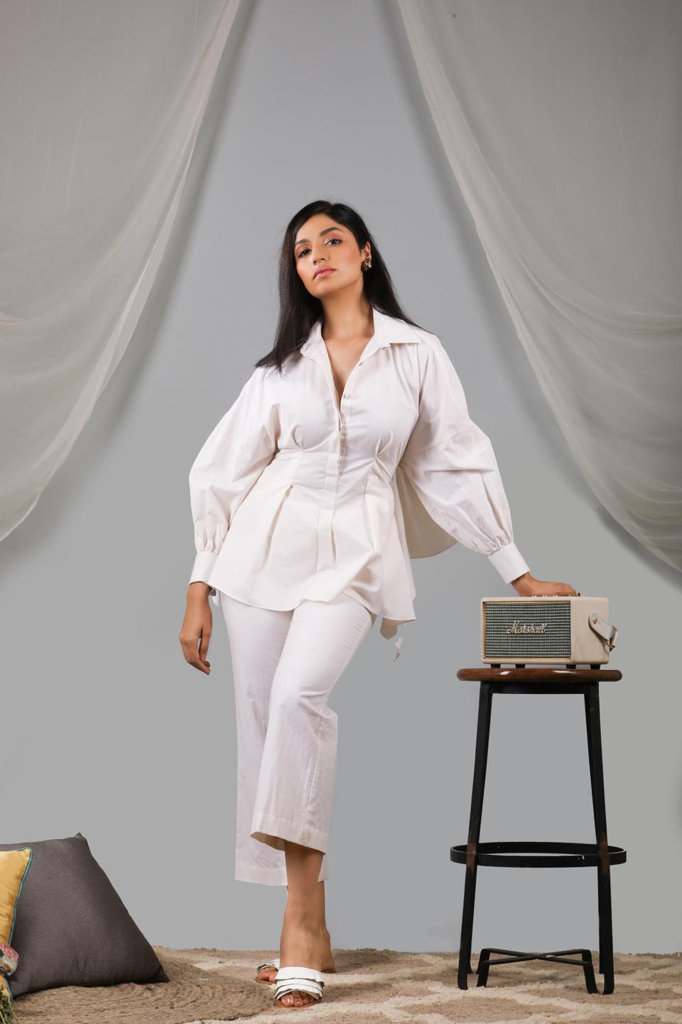 pearled-ivory-back-tie-up-shirt-with-pant-set-11740073WH, Women Clothing, Cotton Matching Set