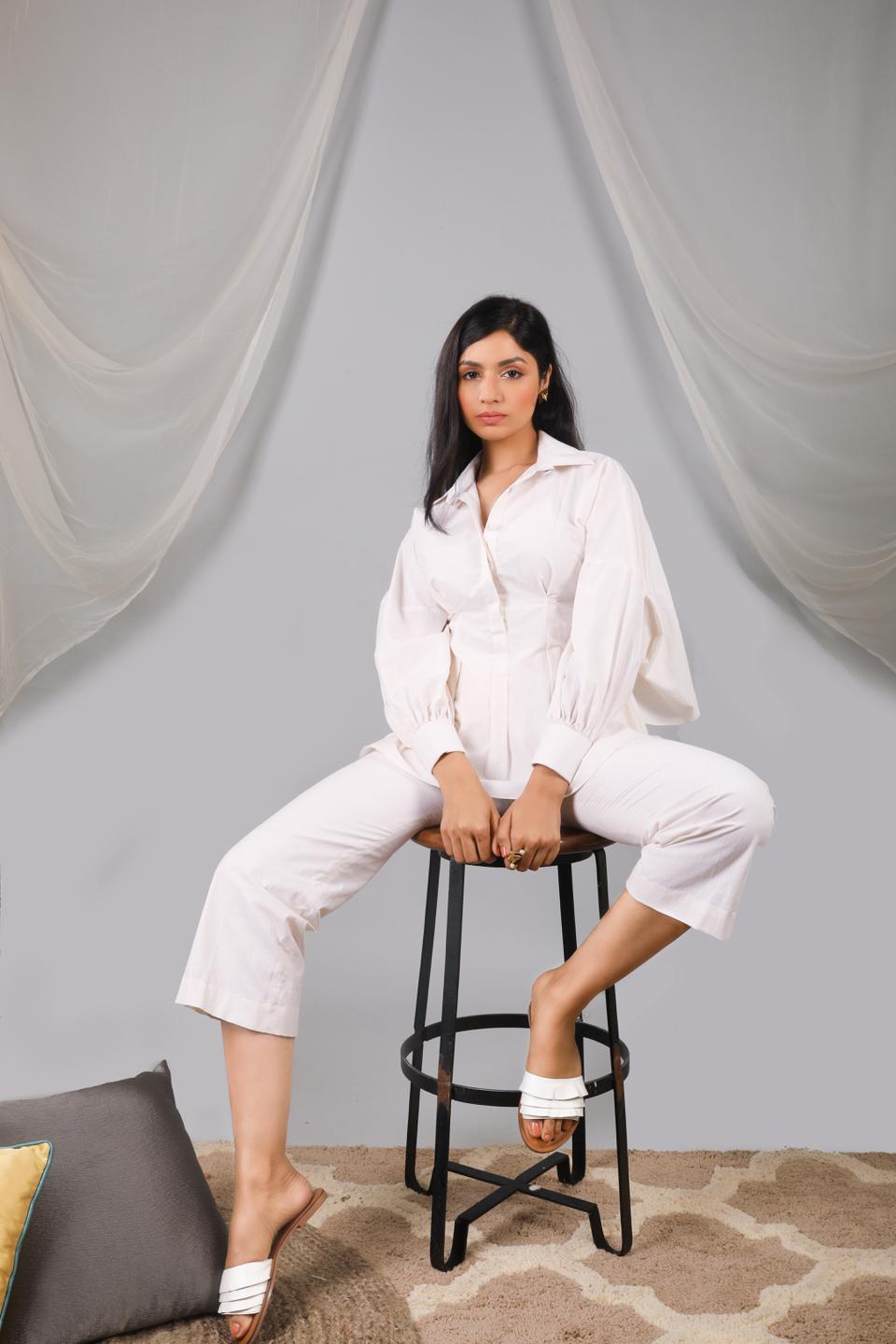 pearled-ivory-back-tie-up-shirt-with-pant-set-11740073WH, Women Clothing, Cotton Matching Set