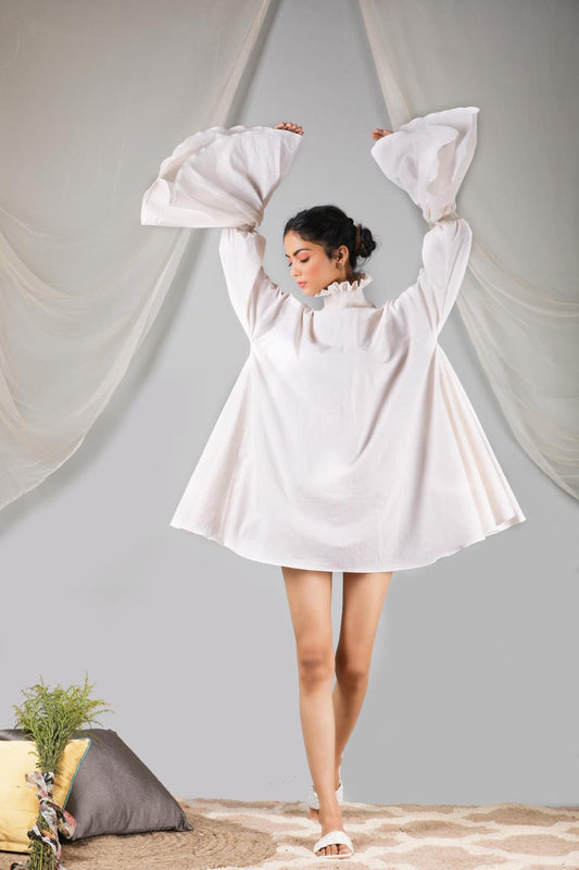 pearled-ivory-smoked-neck-short-dress-11704078WH, Women Clothing, Cotton Dress