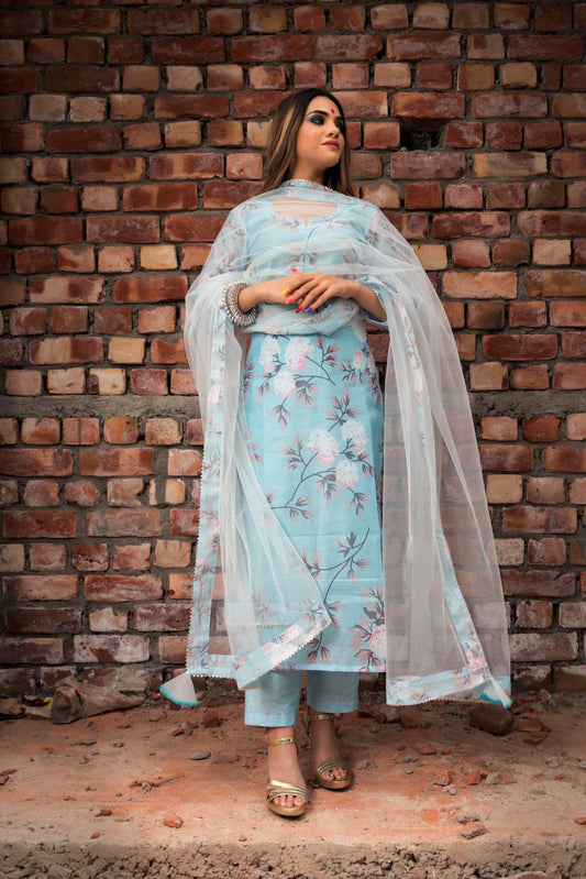 peony-blue-modal-cotton-suit-set-11403095BL, Women Indian Ethnic Clothing, Cotton Kurta Set Dupatta