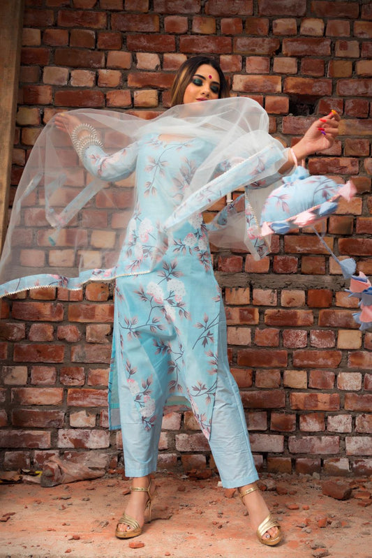 peony-blue-modal-cotton-suit-set-11403095BL, Women Indian Ethnic Clothing, Cotton Kurta Set Dupatta