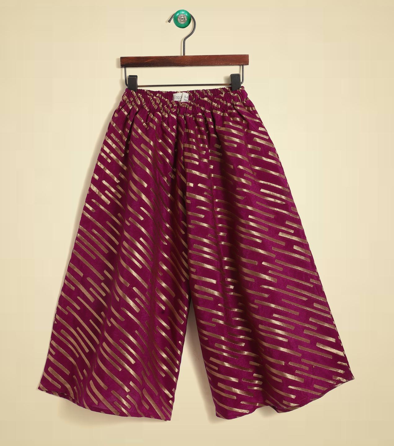 piccolo-three-fourth-sleeves-kurti-with-striped-palazzo-purple-10512008PR, Kids Clothing, Silk,Cotton Girl Palazzo Set