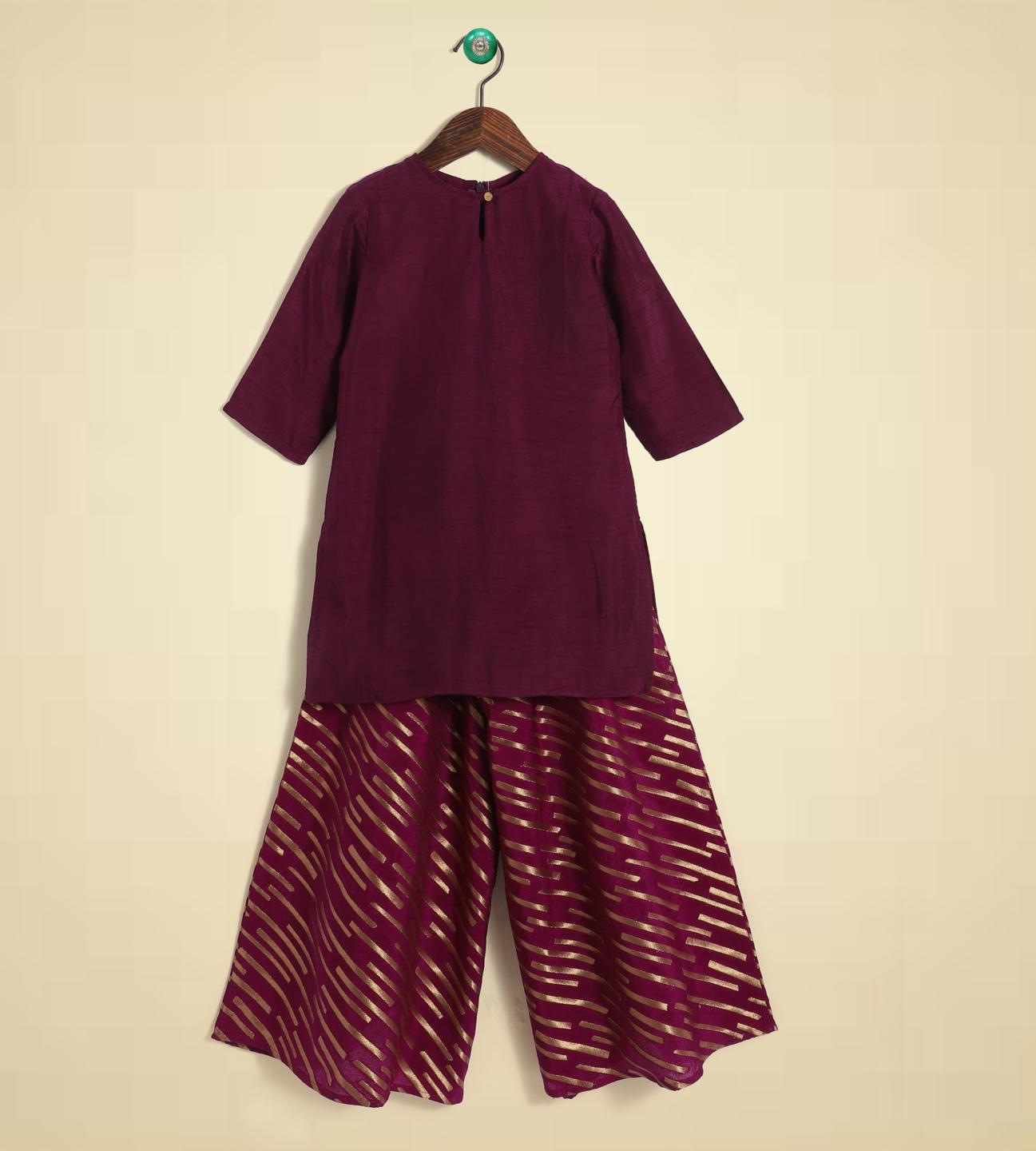 piccolo-three-fourth-sleeves-kurti-with-striped-palazzo-purple-10512008PR, Kids Clothing, Silk,Cotton Girl Palazzo Set