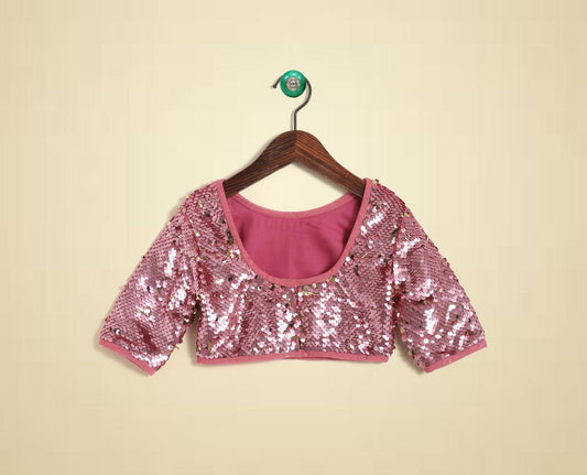 pink-elbow-sleeves-sequin-blouse-and-lehenga-set-10509009PK, Kids Clothing, Organza,Cotton Girl Lehenga Set