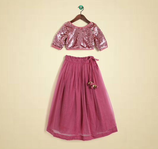 pink-elbow-sleeves-sequin-blouse-and-lehenga-set-10509009PK, Kids Clothing, Organza,Cotton Girl Lehenga Set