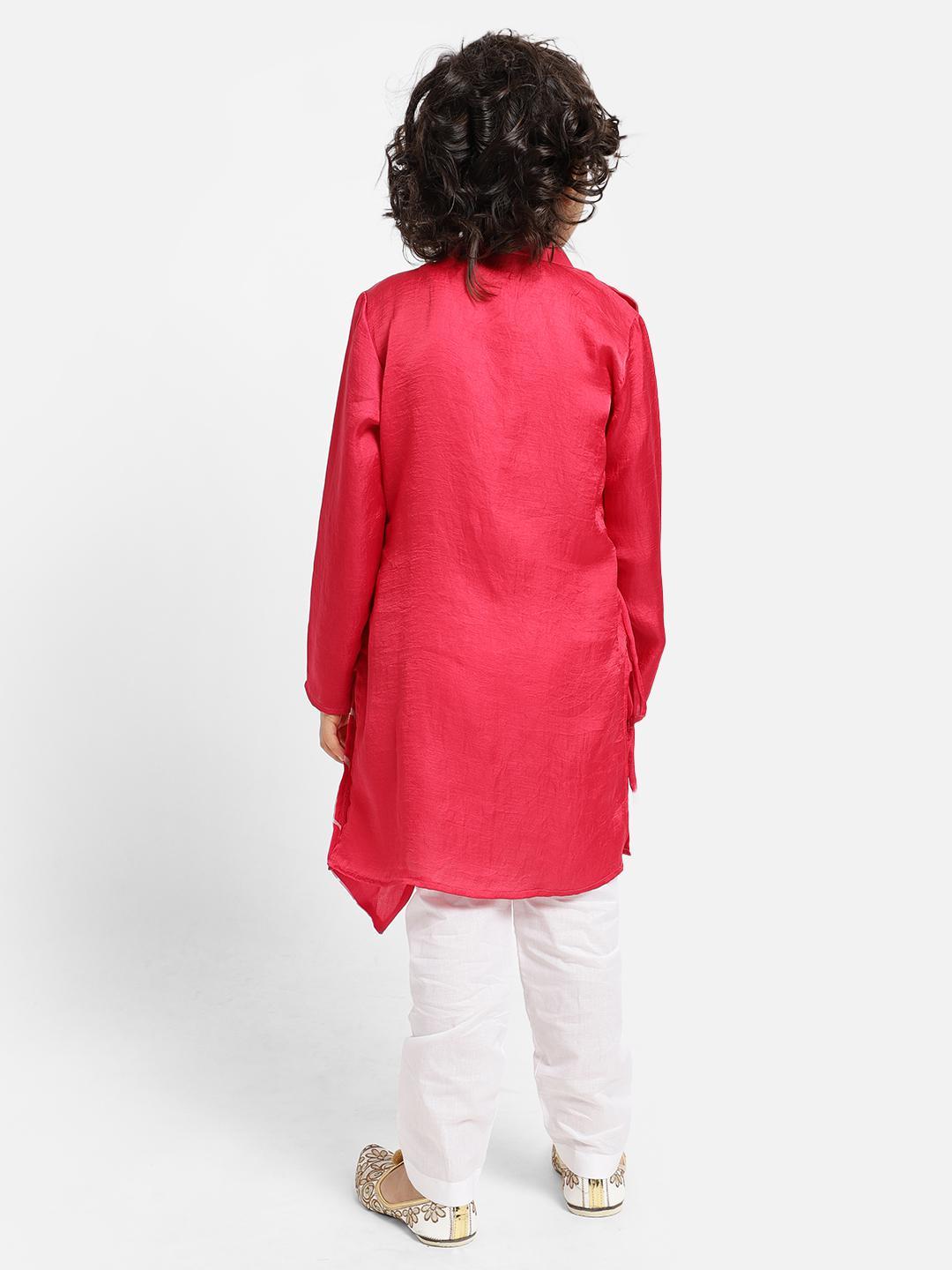 pink-full-sleeve-kurta-with-white-pajama-set-10520069PK, Indian Kids Clothing, Satin Boy Kurta Pajama Set