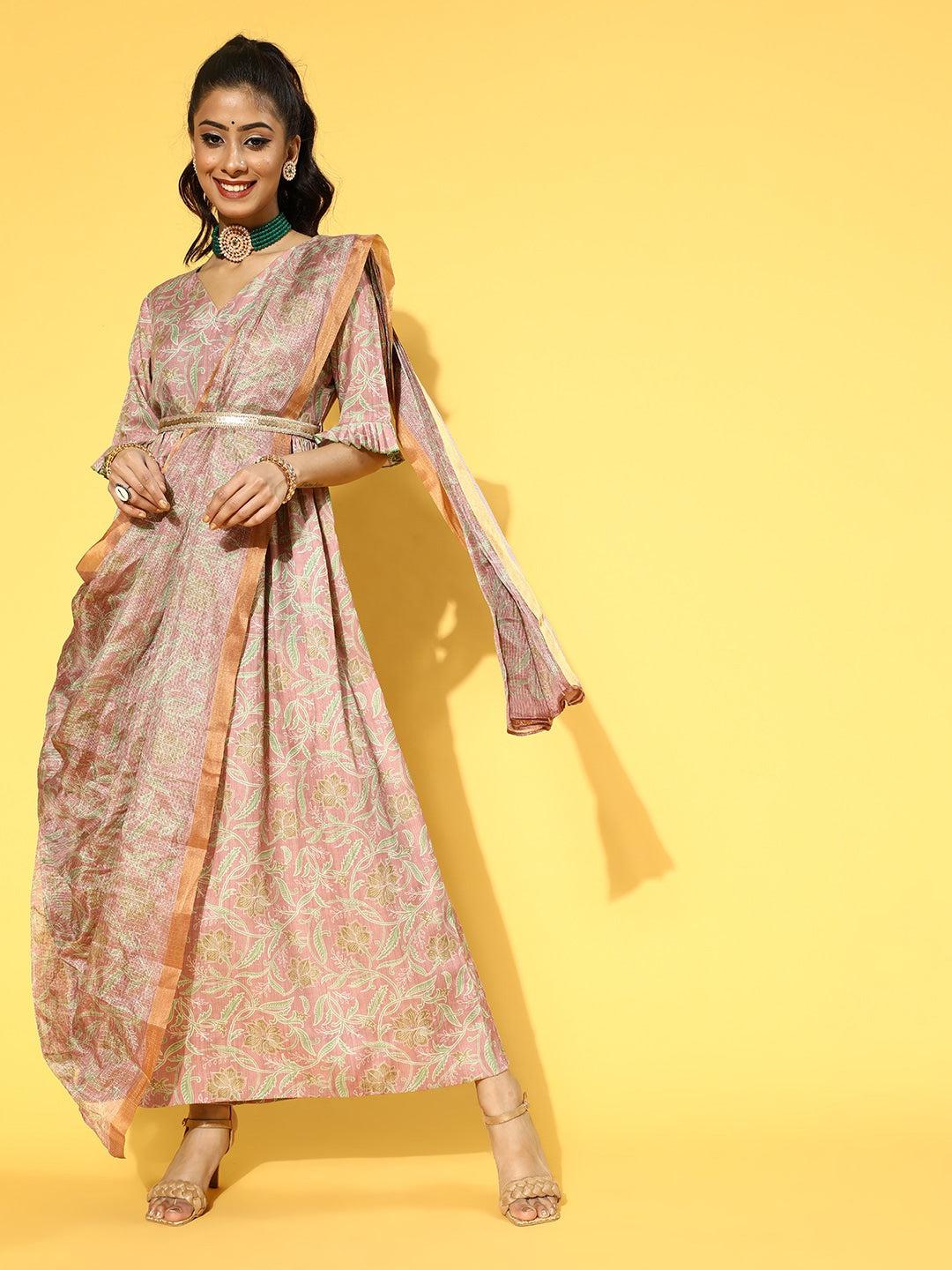 pink-green-floral-print-dress-with-dupatta-10104194PC, Women Clothing, Rayon Dresses