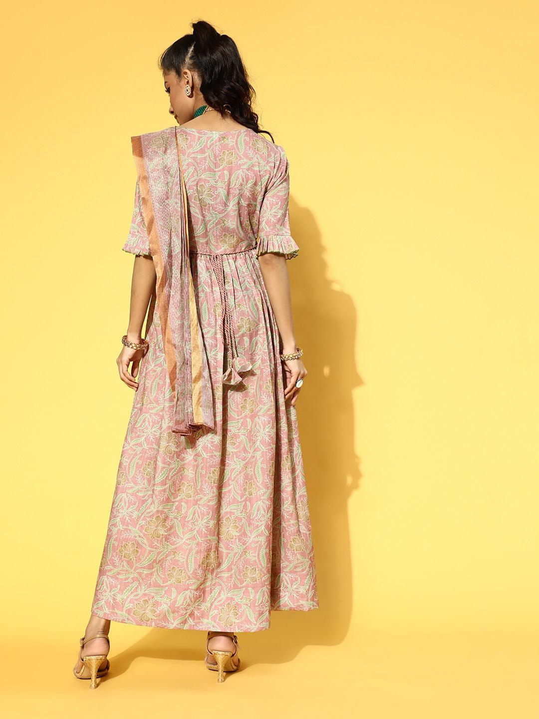 pink-green-floral-print-dress-with-dupatta-10104194PC, Women Clothing, Rayon Dresses