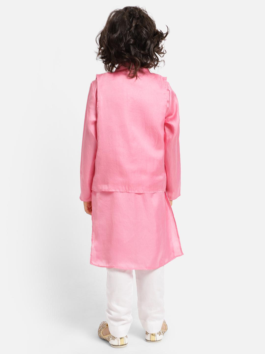 pink-kurta-waist-coat-with-handwork-and-white-pajama-set-10520070PK, Indian Kids Clothing, Satin Boy Kurta Pajama Set