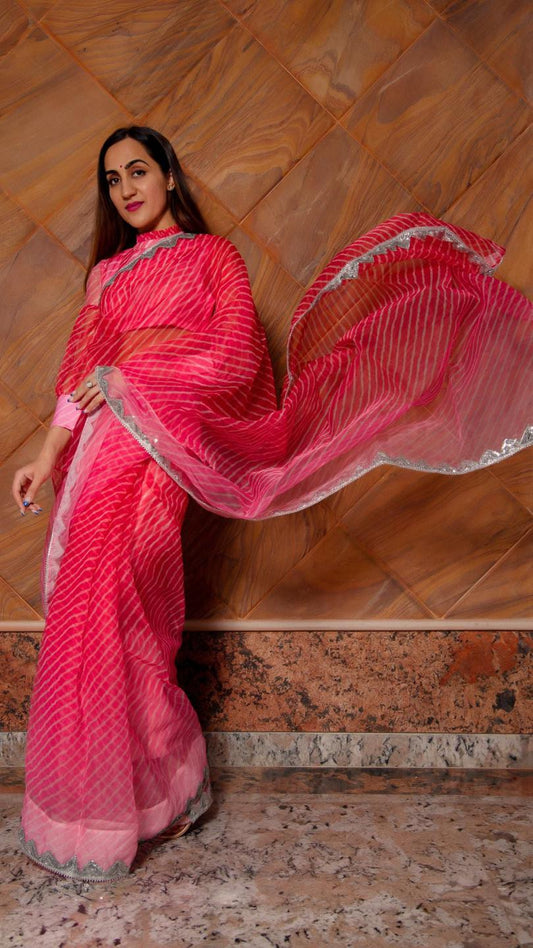 pink-leheriya-organza-saree-11422129PK, Women Indian Ethnic Clothing, Organza Saree