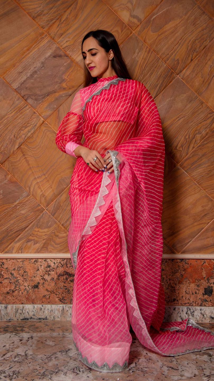 pink-leheriya-organza-saree-11422129PK, Women Indian Ethnic Clothing, Organza Saree