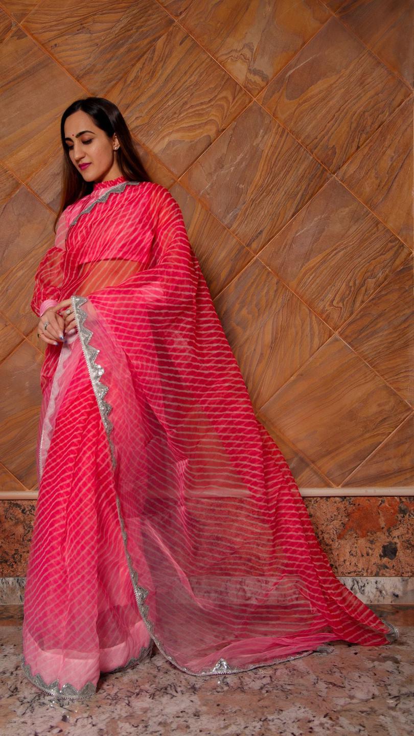 pink-leheriya-organza-saree-11422129PK, Women Indian Ethnic Clothing, Organza Saree