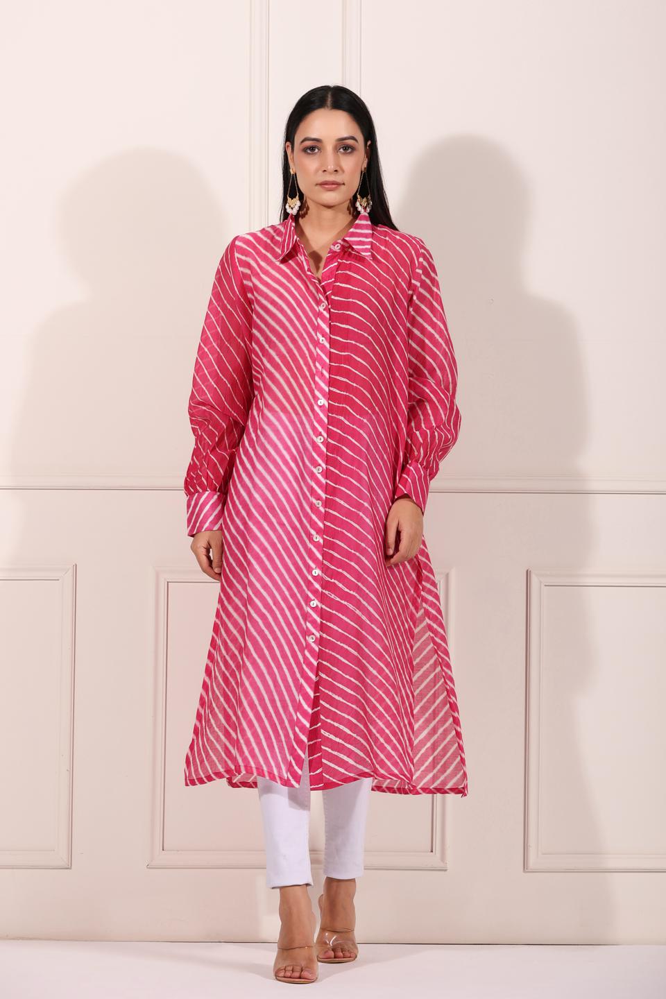 pink-lehriya-with-ankle-pants-11602011PK, Women Indian Ethnic Clothing, Chanderi Kurta Set
