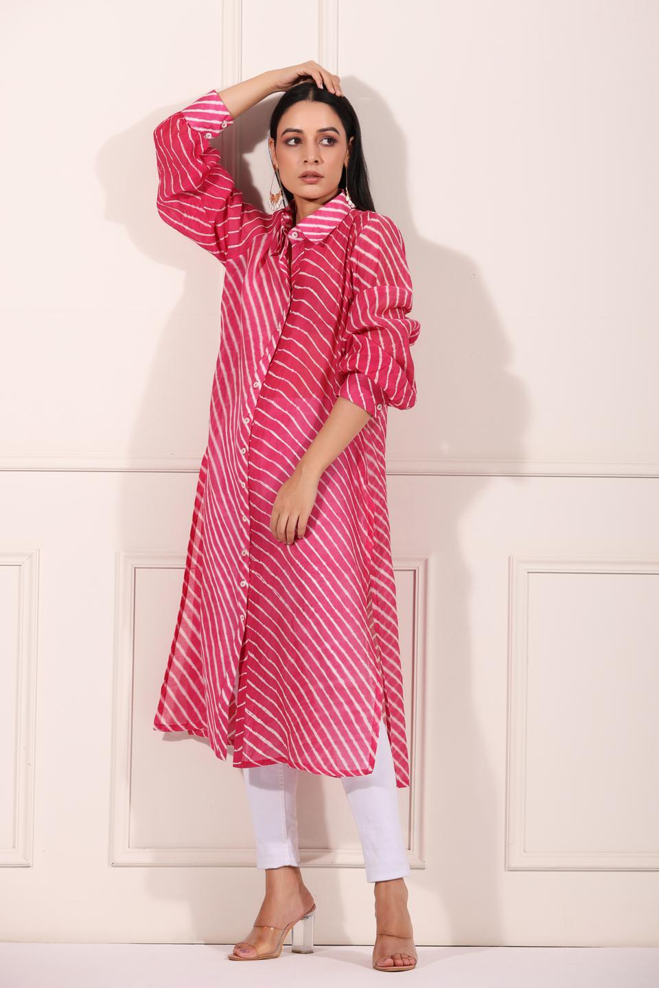 pink-lehriya-with-ankle-pants-11602011PK, Women Indian Ethnic Clothing, Chanderi Kurta Set